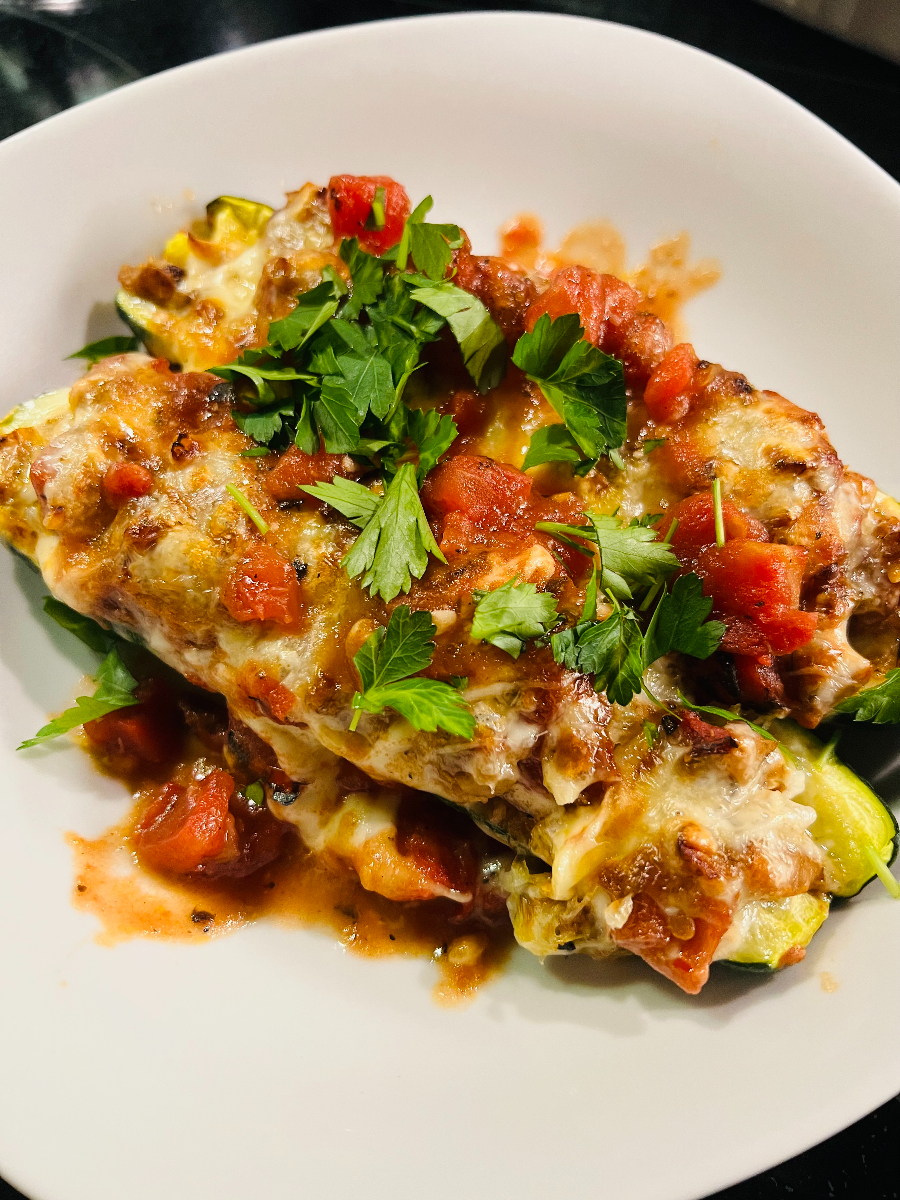 Zucanoes (stuffed zucchini canoes)