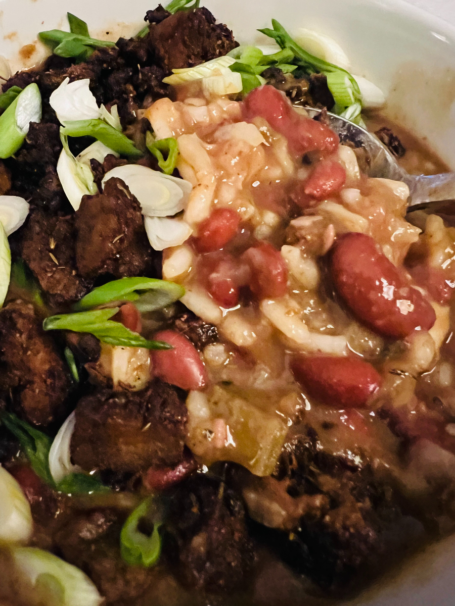 red beans, rice, andouille-seasoned tofu