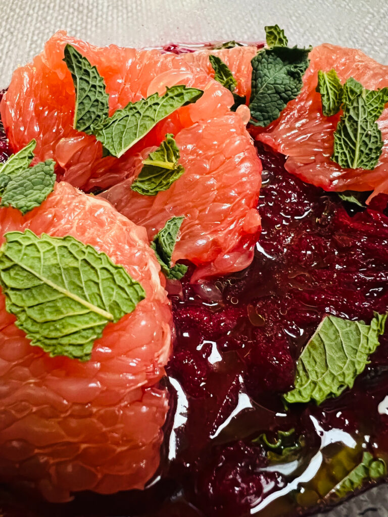 Shredded raw beet salad with grapefruit and mint