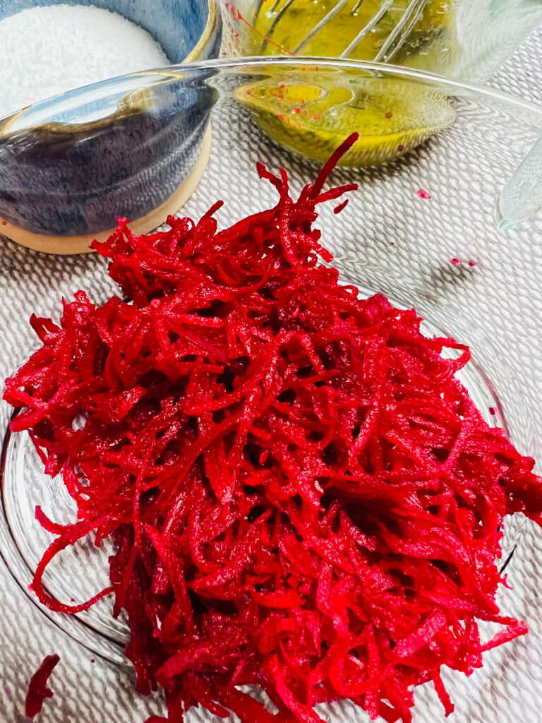 Finely shredded beets for refreshing raw beet salad